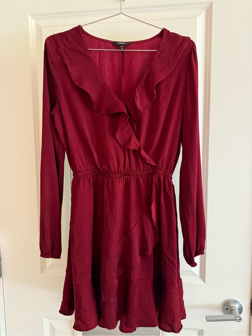 Express Burgundy Ruffle Wrap-Style Long Sleeve Dress, Size Medium